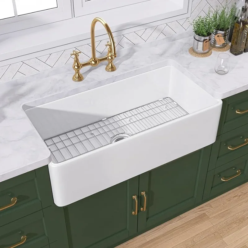 

TUKTUK White Farmhouse Sink 36 Inch Fireclay Apron Front Farm Sink Single Bowl Kitchen Sinks Deep Large Capacity Porcelain