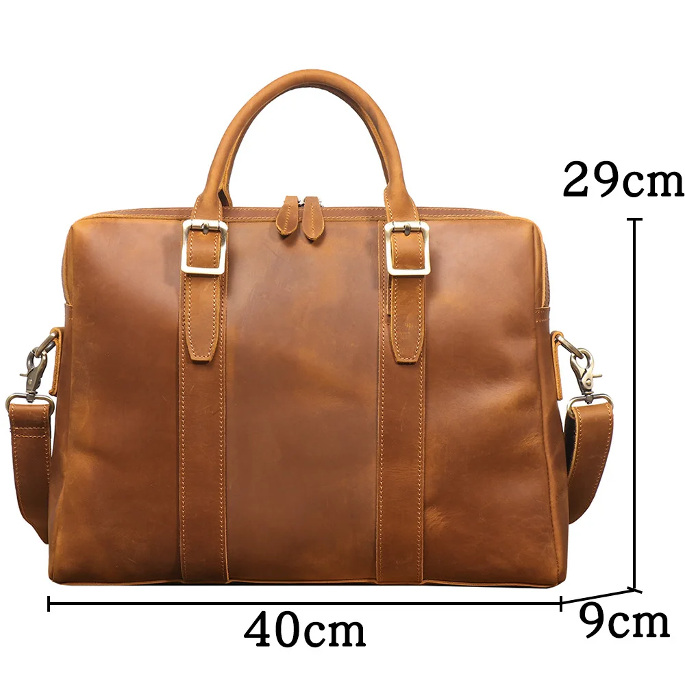 Vintage Crazy Horse Leather Men's Briefcase Large Laptop Messenger Bag, Adjustable Crossbody Cowhide Business Bag for Office