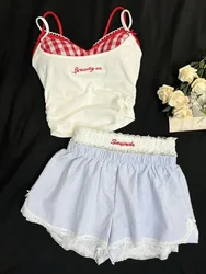 Summer Sweet Lace Slim 4 Piece Set Women Fashion Y2k Elastic V Neck Sling Plaid Tops Female + Elastic Waist Bow Short Pants 2024