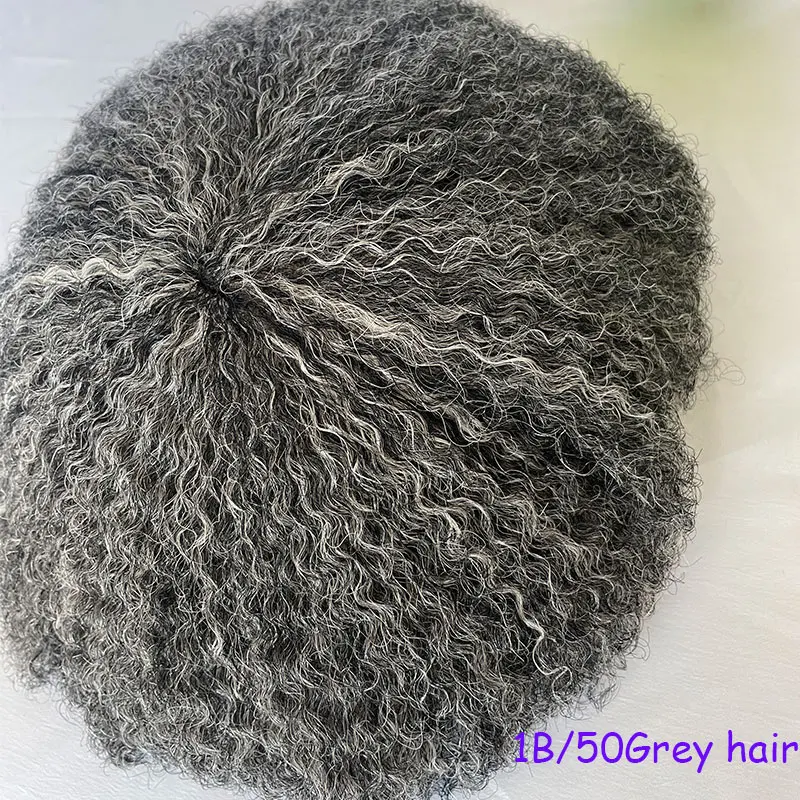 360 Wave Afro Curly Toupee For Men Swiss Full Lace Men's Toupee 1B50 Grey Human Hair 4MM 10x8inch Hair System