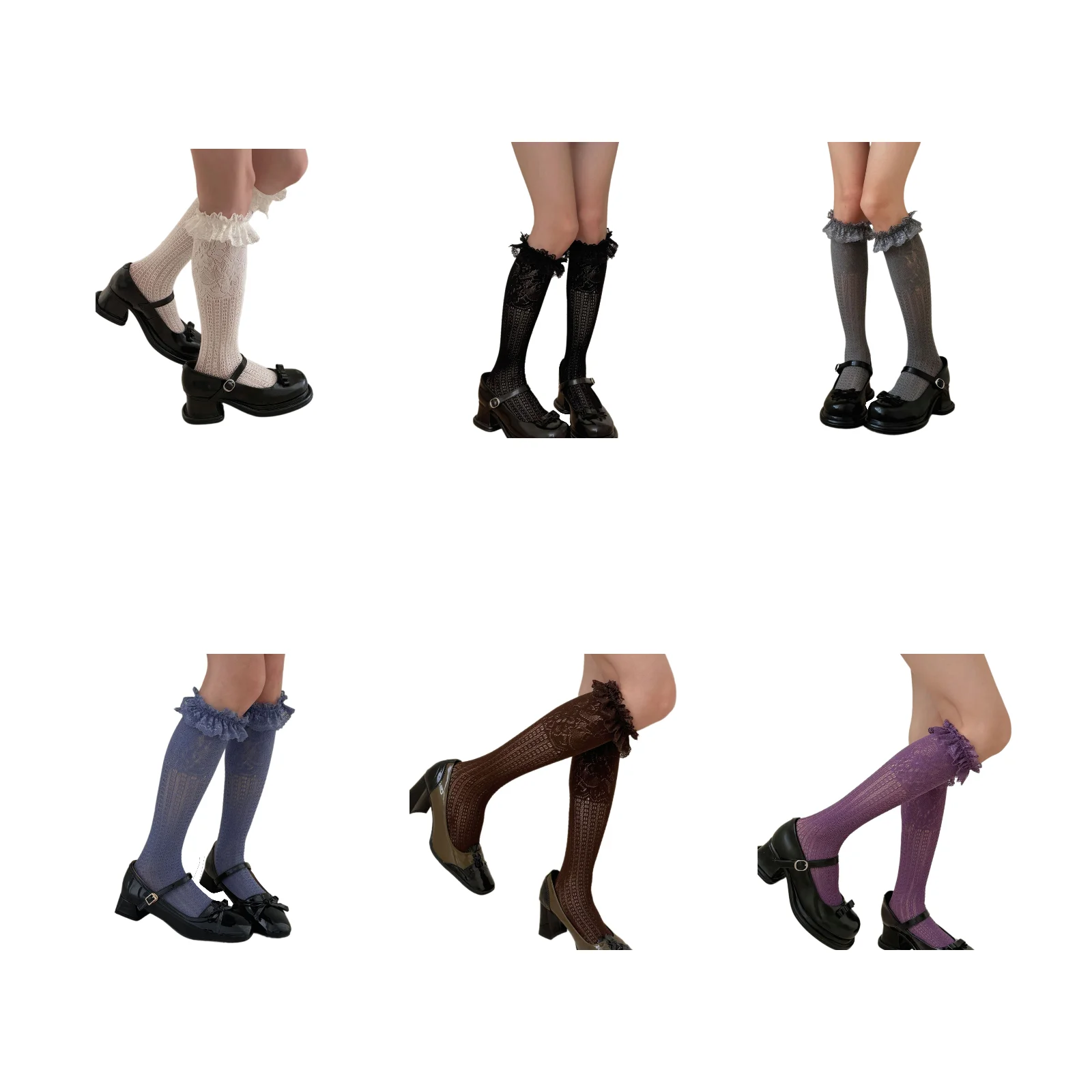 

Summer Lolita lace mid-calf socks set (1 pair each of milk white/black/grey/blue/coffee/purple)
