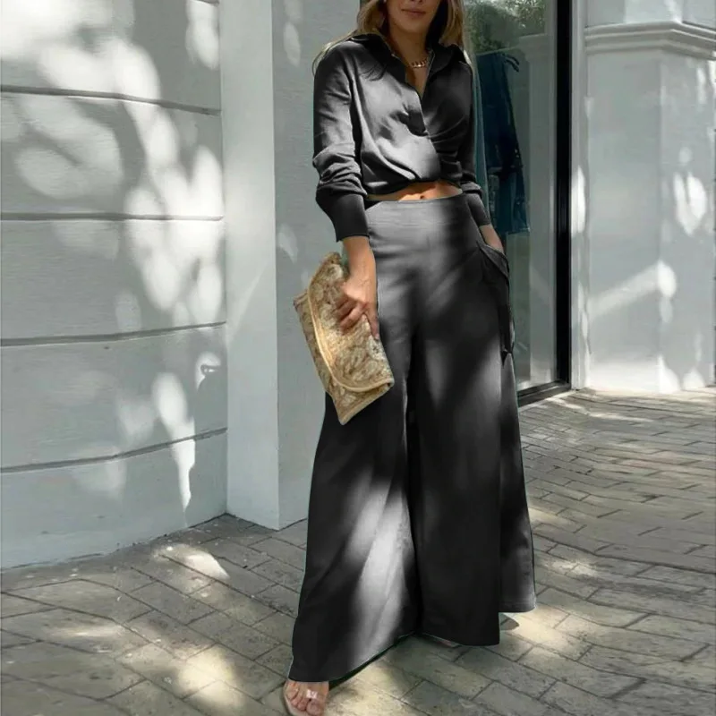 CommConsulTwo-Ensemble haut et pantalon à jambes larges pour femme, tenue sexy, vêtements à la mode, tempérament monochrome, été