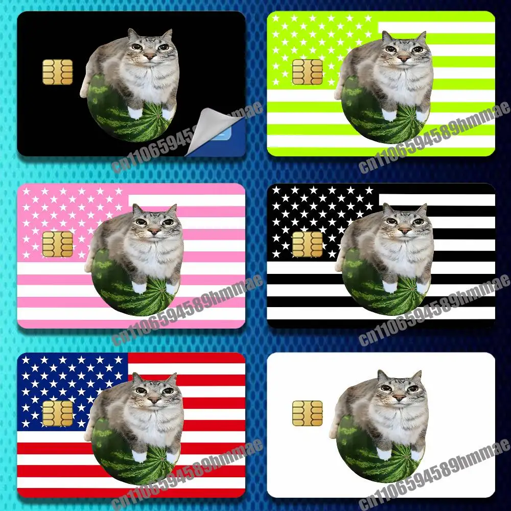 

For Watermelon Cat Meme USA American Flag Paper Sticker Case Credit Bank Subway ID Decorative Self-adhesive Card Cover Skin