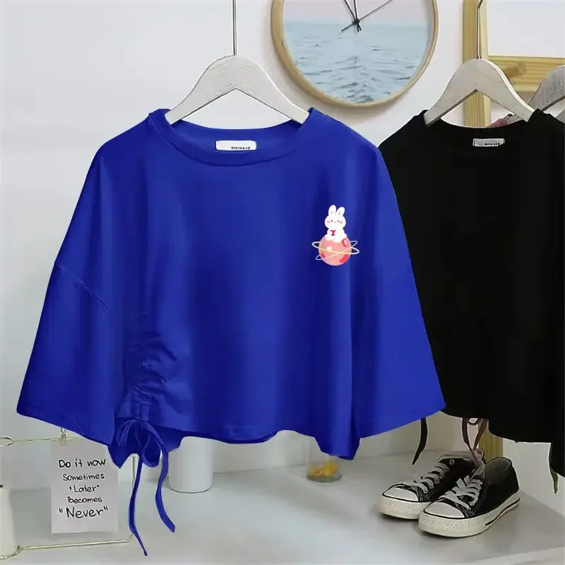 

Streetwear Y2k Aesthetic Summer New Tops Loose Kawaii Cute Harajuku Unique Tees Drawstring Slim Letter Cartoon Print T-shirts