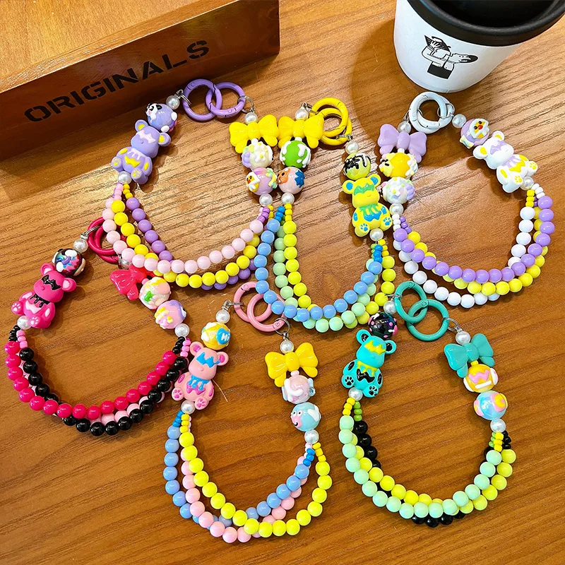 Colorful dopamine teddy bear bead portable chain wrist short hanging rope clip phone case bag fashion accessories universal