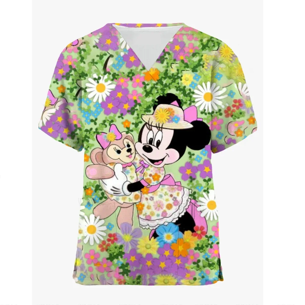 

Tops Women Scrub Nurse Disney Mickey Mouse Cartoon V-Neck Tops Working T-Shirt Minnie Print Healthcare Tunic Carers Workwear Top