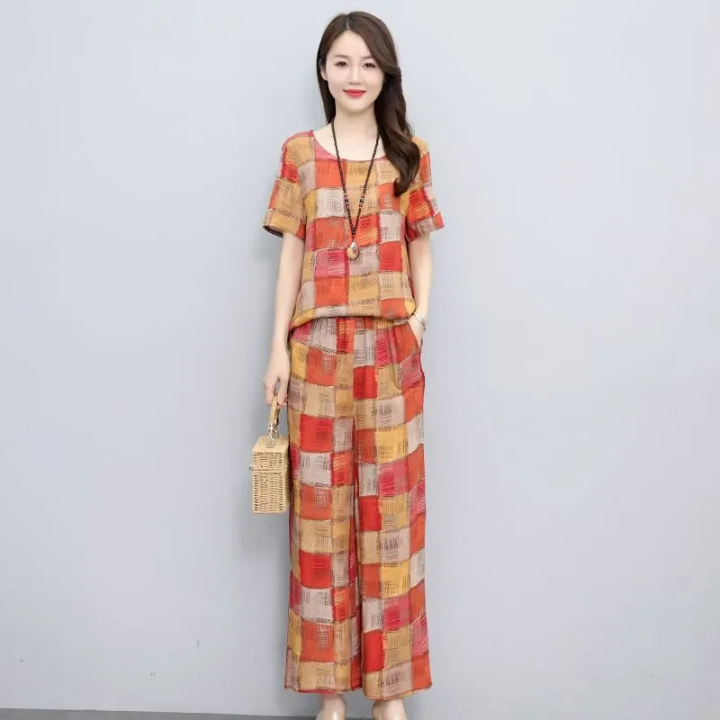

Womens Floral Print Rayon Two Piece Set Short Sleeve Wide Leg Pants Outfit