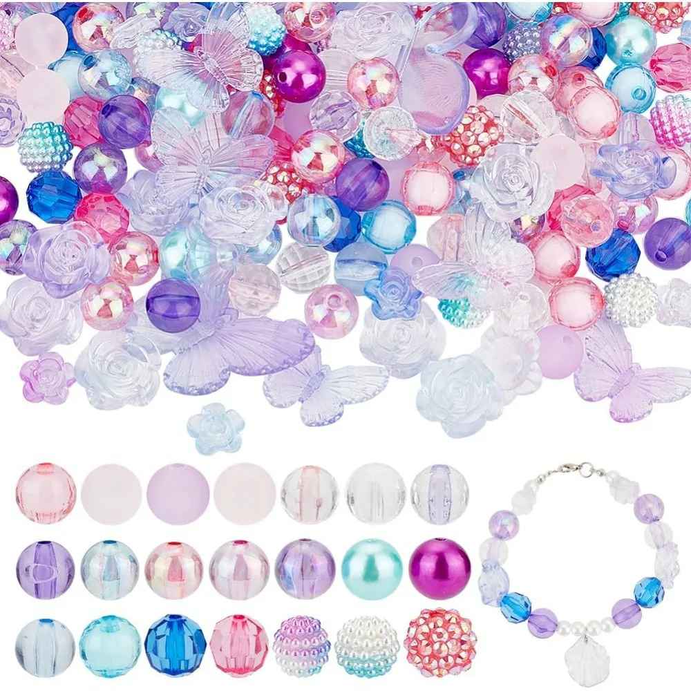 200pcs Acrylic Beads 20 Styles 12mm Bubblegum Rhinestone 30g Flower Butterfly Colorful Loose Beads for Thanksgiving