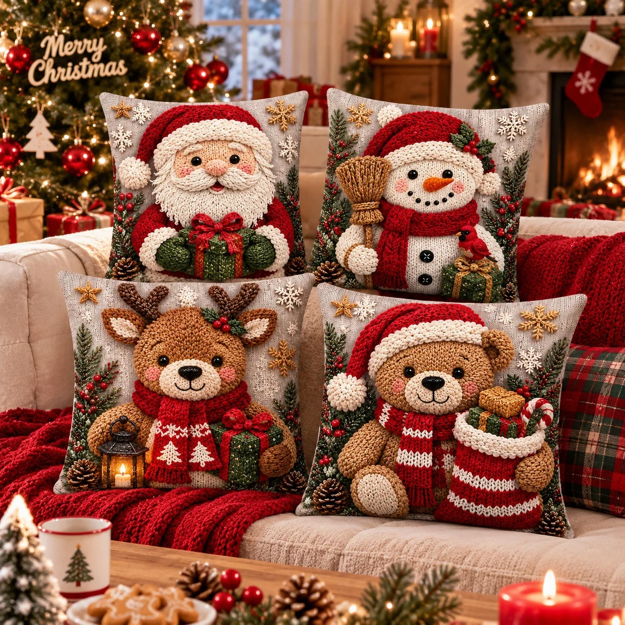 2D Flat Printing Imitation Knit Christmas Throw Pillow Covers Santa Snowman Reindeer Bear Cushion Farmhouse Xmas Sofa Decor