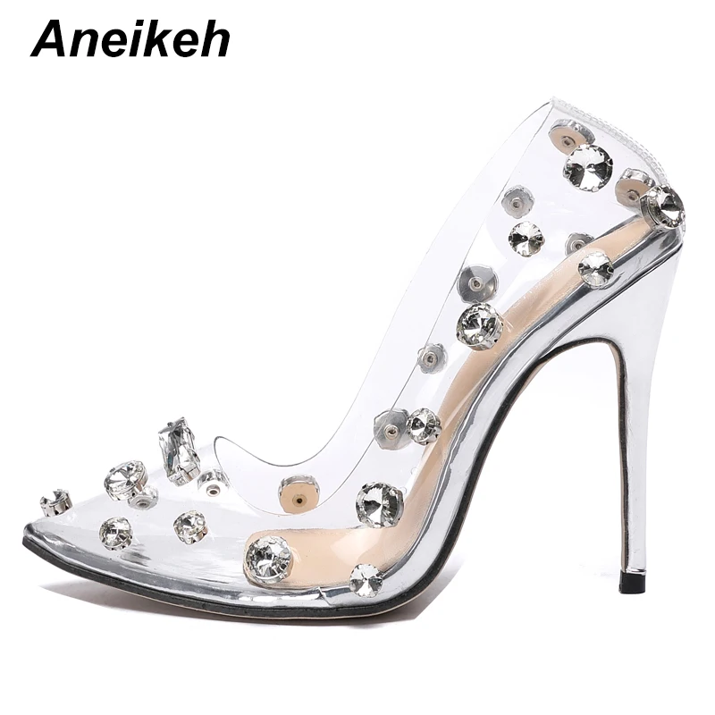 Aneikeh Sexy Rivet Crystal Women Pumps PVC Transparent High Heels Sexy Nightclub Prom Female Sandals Party Wedding Shoes 35~42