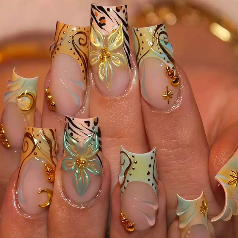 Bestselling Press On Nails Gold-Green 3D Florals Golden Hexagram Moon Gold Beads Medium Coffin Reusable Nail Tips