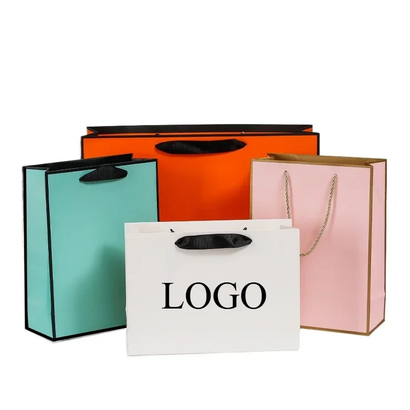 100pcs Personalized Paper Gift Bag Clothing Cosmetic Shopping Bag Tote Jewelry Packaging Bag Custom LOGO