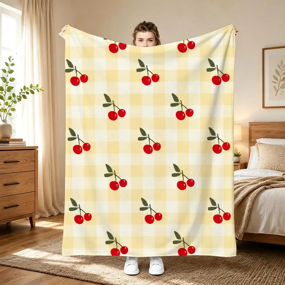 Checkerboard Cherry Pattern Throw 240g flannel blanket, suitable for sofas, beds, offices, exquisite gift blankets