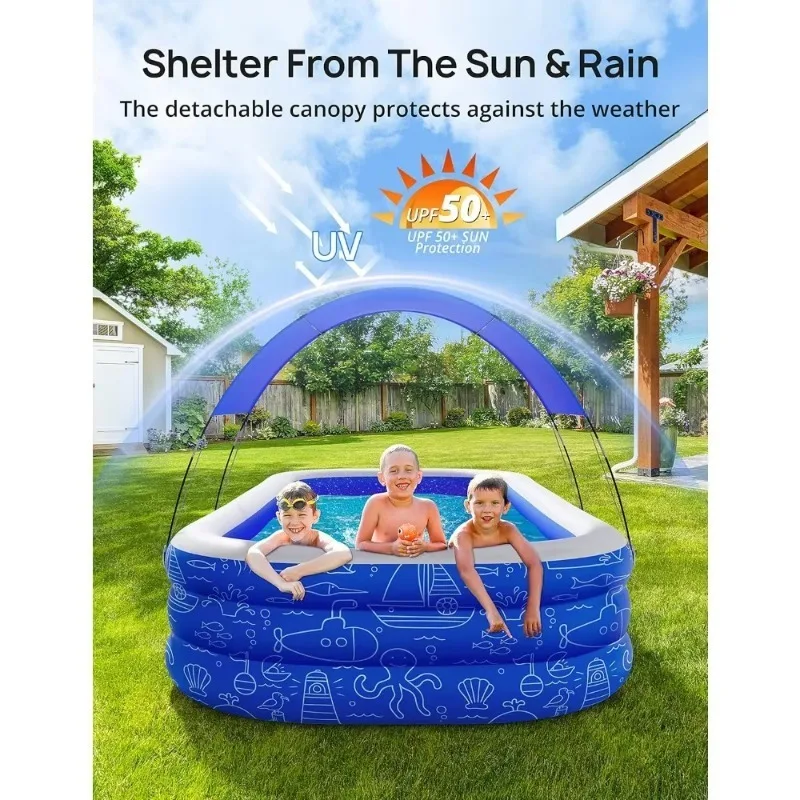 

Large Inflatable Swimming Pool with Canopy, Inflatable Pool for Kids & Adults,Pool with Sun Shade, Blow Up Pool for Backyard