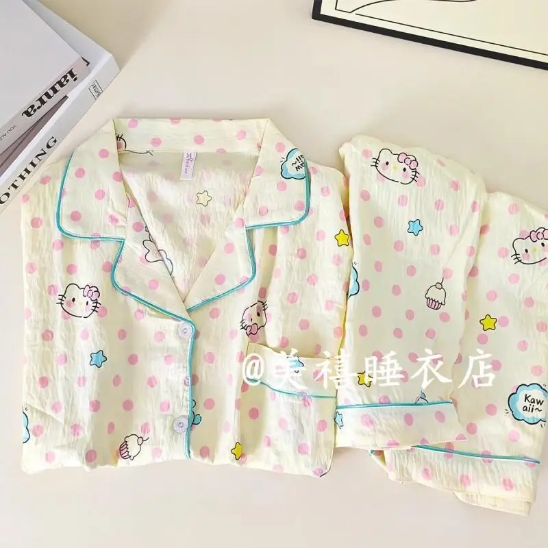 

Пижамный комплект Sanrio Hello Kitty с короткими рукавами и рисунком из мультфильма, женский пижамный комплект для студентов, для дома и отдыха на природе, летний новый комплект пижамы в горошек