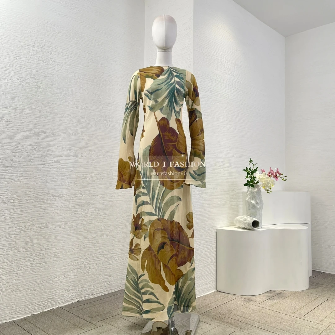 

Yellow Peony Flower Print Long Sleeve Midi Dress 2025 High Quality