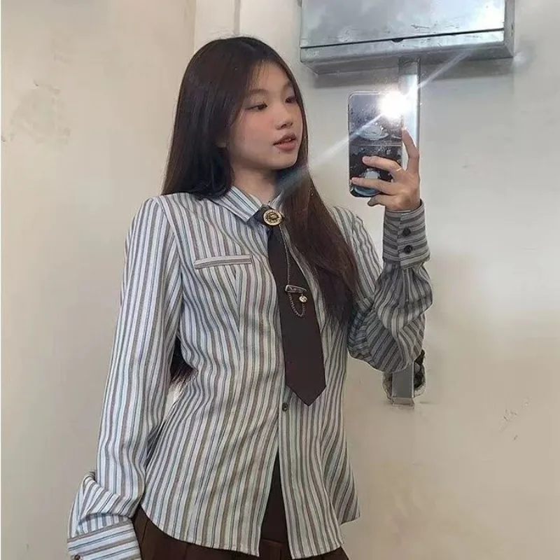 

QWEEK Preppy Striped Women Shirt with Ties JK Vintage Korean Style Long Sleeve Basic Blouse Autumn Casual Youth Harajuku Clothes