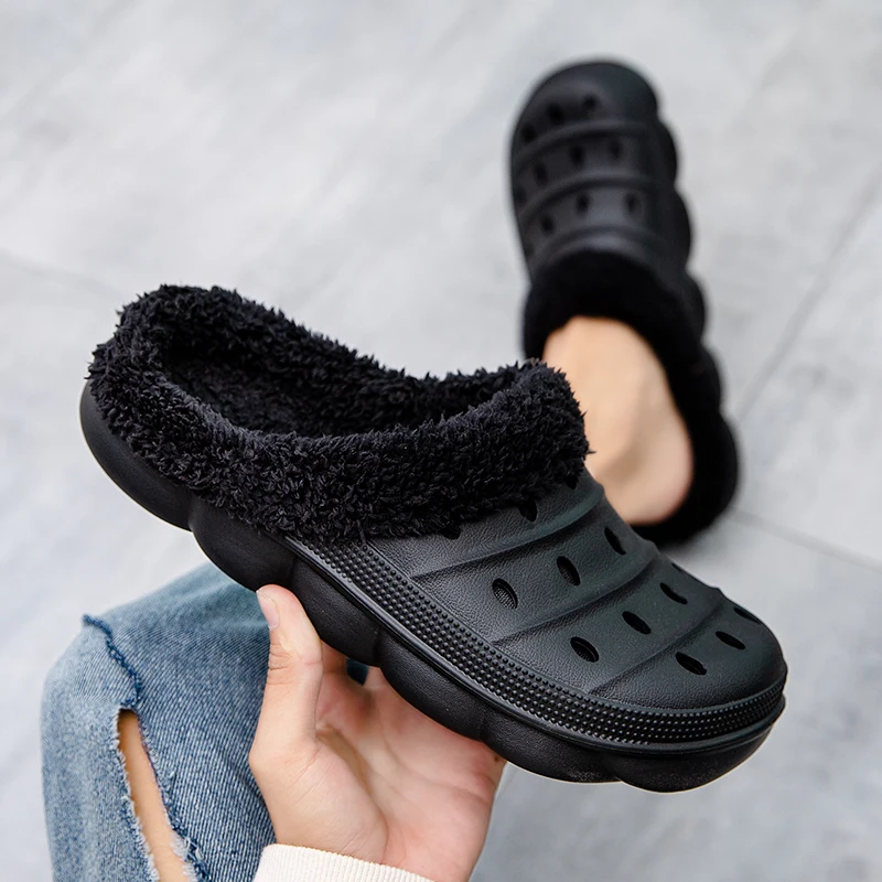 Men\'s and Women\'s Model Waterproof EVA Warm Fur Wrapped Slippers for Household Use Cotton Shoes Fur Slides Plush Winter Slippers