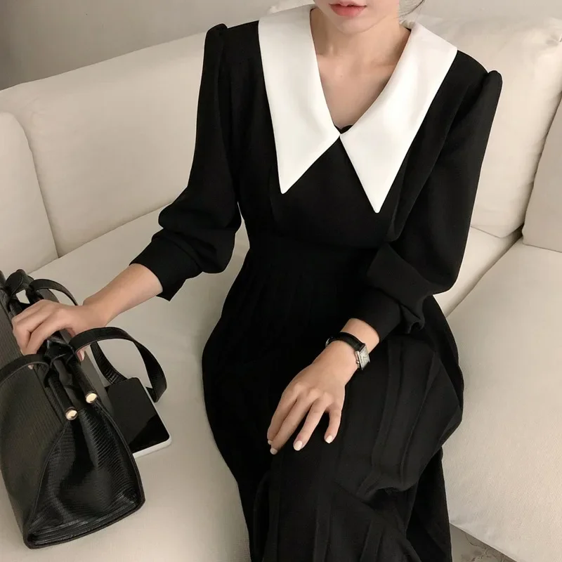 Korobov Korean Chic Vintage Elegant Office Lady Women Dress 2024 Autumn Winter Hit Color Patchwork Dresses Black Vestidos Femme