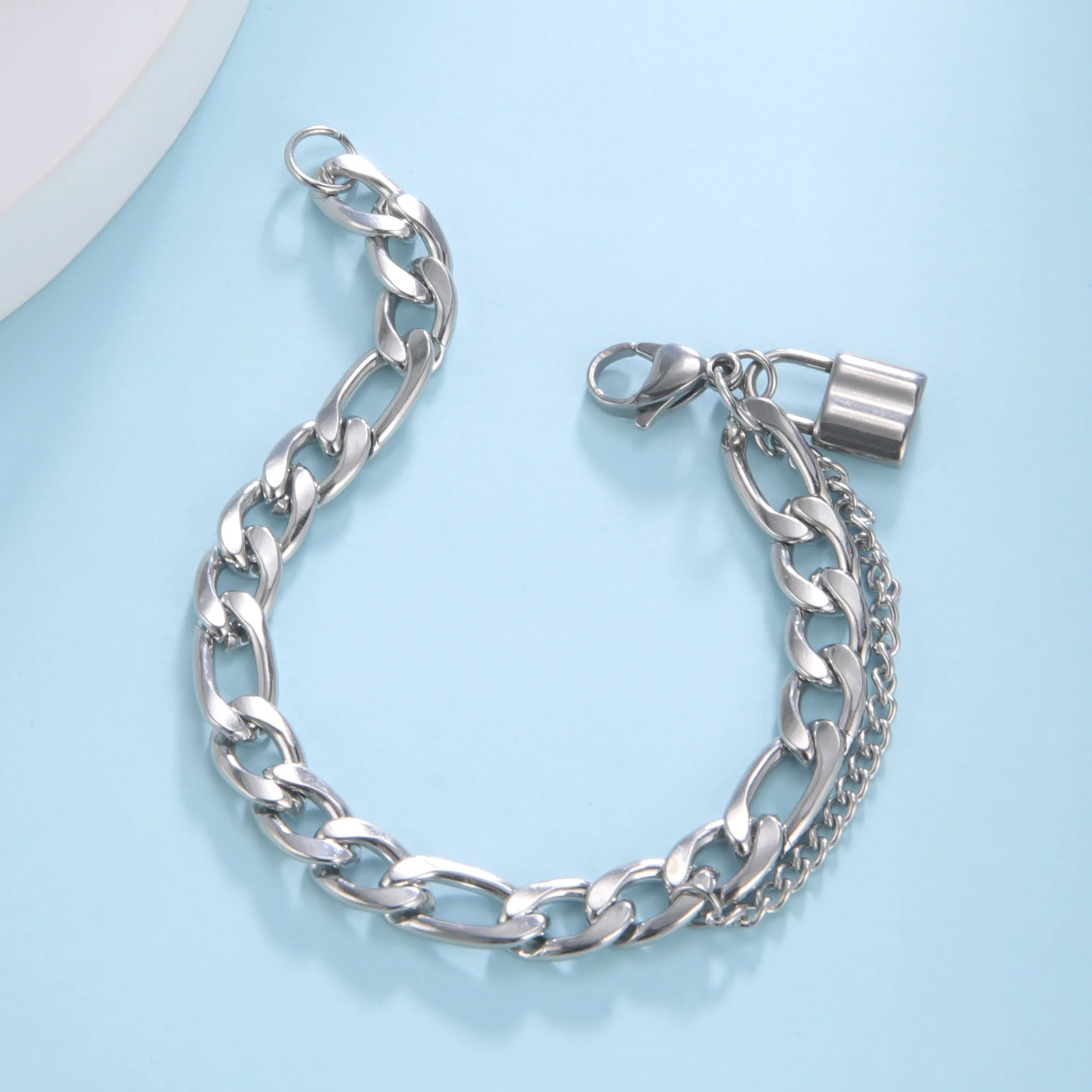 Hip Hop Jewelry for Men Stainless Steel Double Layer Cuban Chain Bracelet for Women Padlock Pendant Jewelry for Party Gift