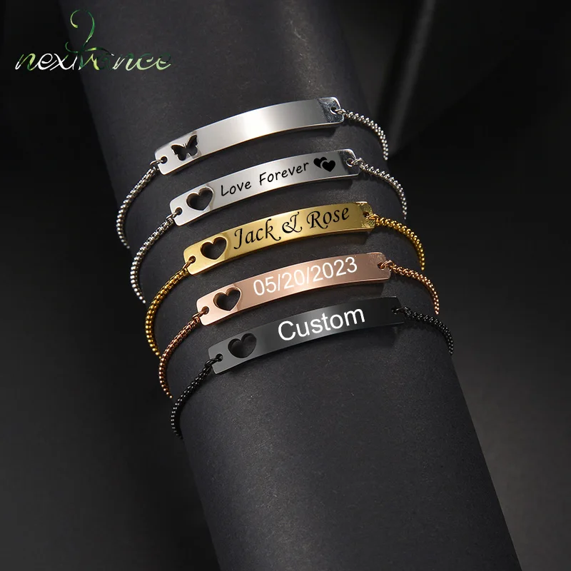 

Nextvance Customized Engraved Name Bracelets Bar With Heart Stainless Steel Adjustable Box Chain Id Tag For Women Lover Day Gift