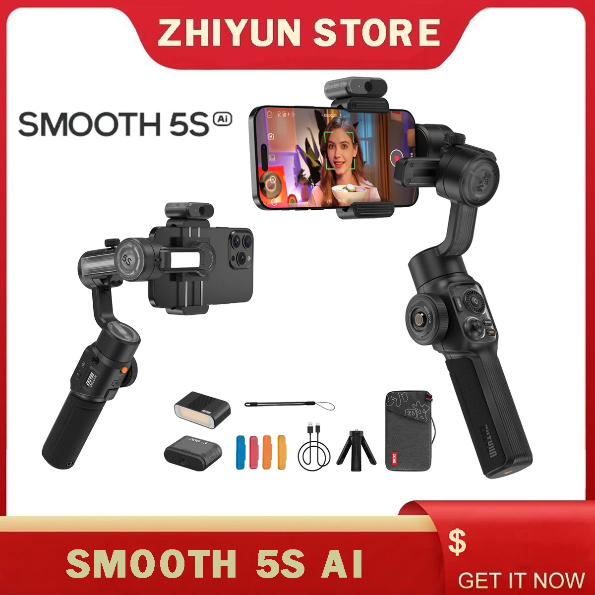 ZHIYUN Smooth 5S/5S Combo Stabilisateur de ChlorDéterminer Lisse 5S/5S, 3 Axes, Cardan d'Extérieur pour Smartphone, iPhone 14/13 Pro Max, Samsung, Huawei, Xiaomi