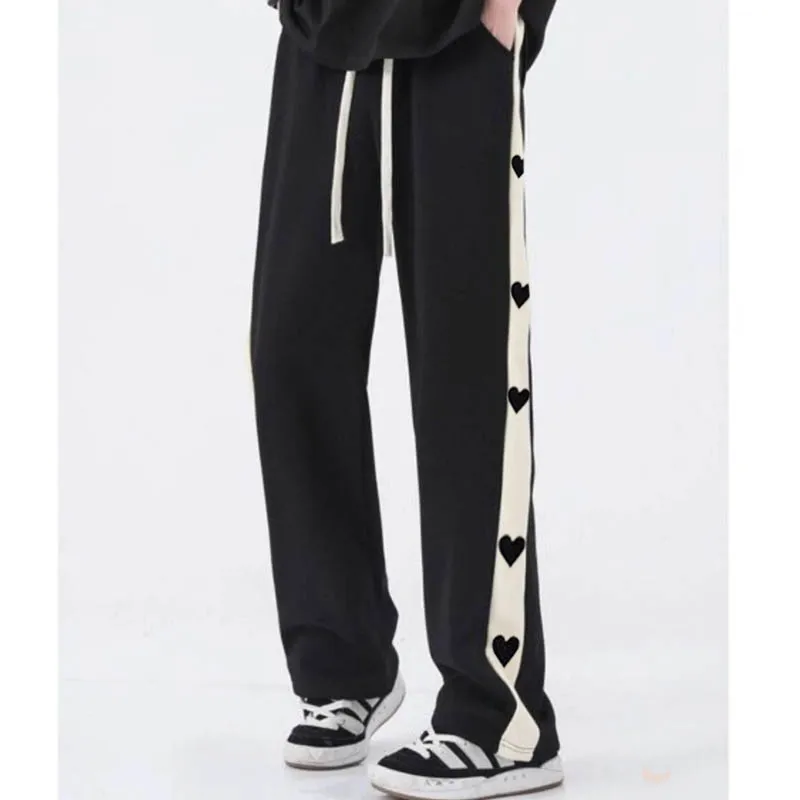 2024 new love print wide leg pants male and female students Korean version of loose casual all straight leg black pants