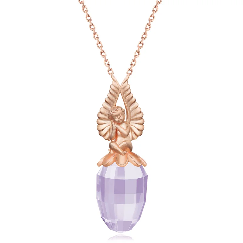 

Pendant Necklace 925 Sterling Silver Genuine Amethyst Angel For Women Yellow Gold Plated