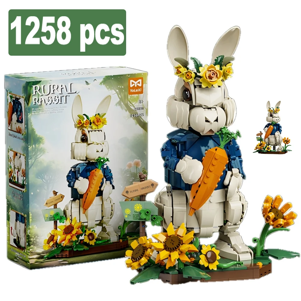

MOC Countryside Rabbit Animal Building Blocks Creative Black Tuxedo Cat Model Sunflower Ornament Assembly Brick Toys Kids Gifts