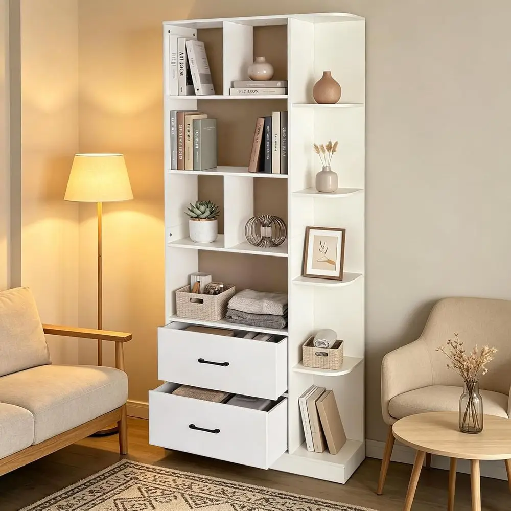 

5-Tier Tall White Wooden Bookshelf with Fabric Drawers for Living Room, Bedroom, or Home Office Storage