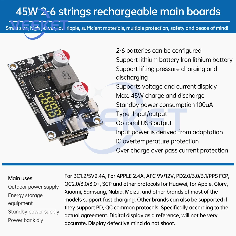 45W Power Bank Fast Charging Mobile Power Module PD QC Quick Charger DIY Circuit Board Type-C USB 2-6S Lithium Battery