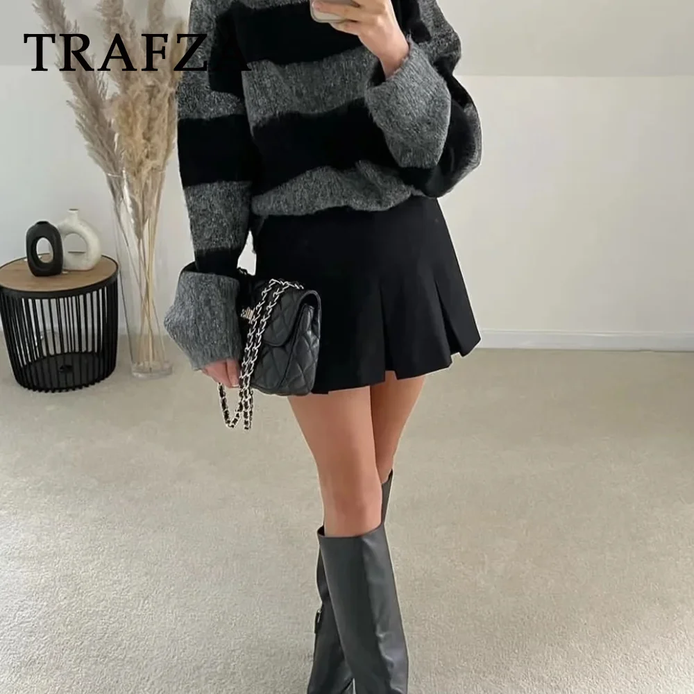 TRAFZA 2024 Spring Summer Women Casual Tierred Mini Skirts Fashion Vintage Solid High Wasit Ruffles Pleated Sexy Shorts Skirts