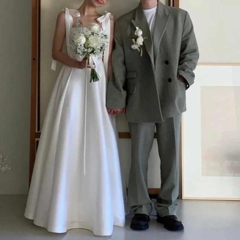 Vestido De Novia con tirantes finos, traje De satén con cuello cuadrado, longitud hasta el suelo, Estilo Vintage, Simple y dulce