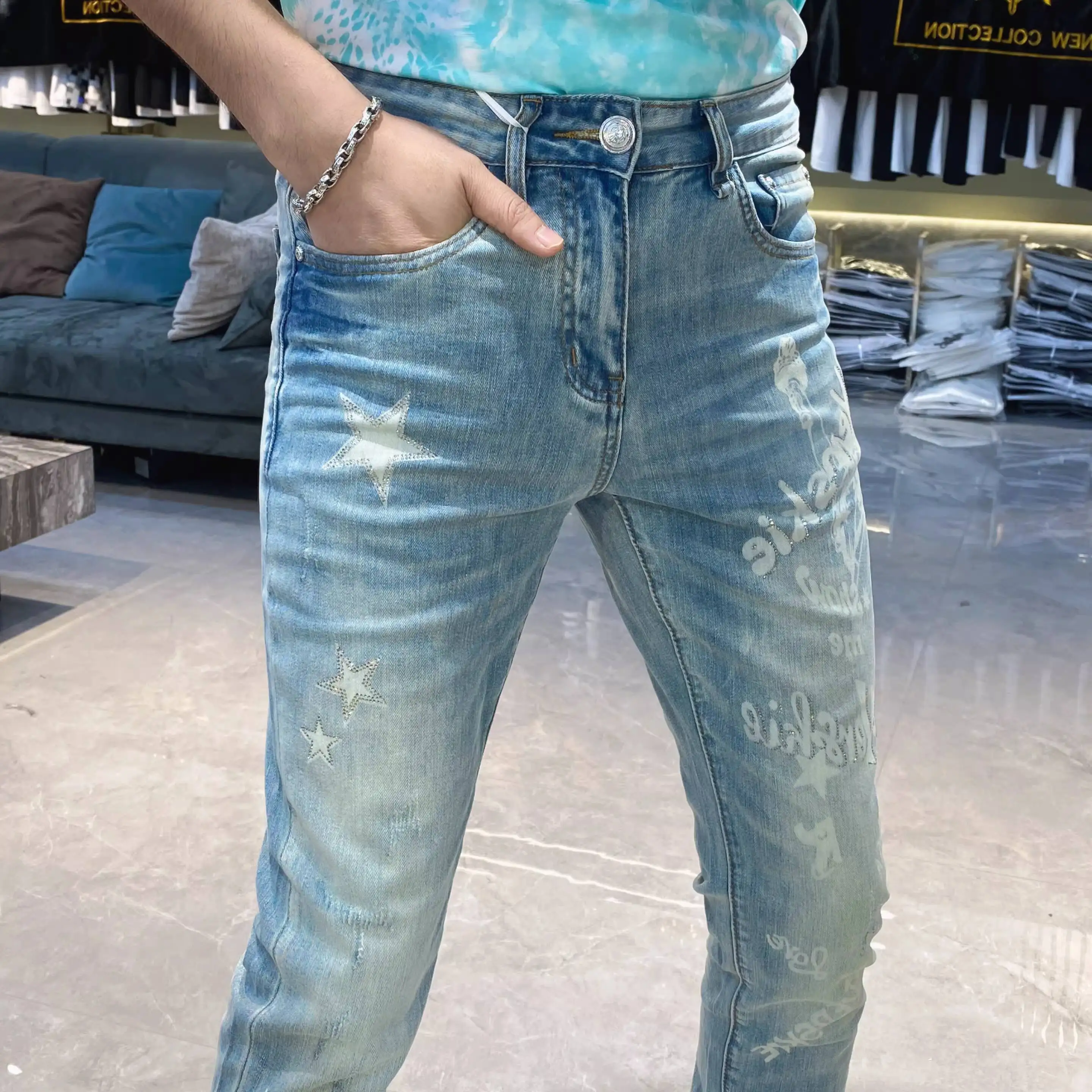 

Spring Summer Skinny Jeans For Men Letter Jean Masculina Vaqueros Hombre 2026 European Style Stretch Star Print Blue Jeans Men