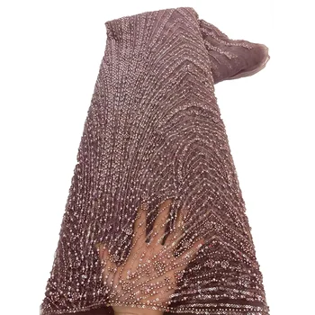 高品質非洲金珠手工蕾絲布料 2025 縫製亮片刺繡尼日利亞蕾絲布料 女士婚紗 6 最佳銷售 棕色蕾絲布料 - №4