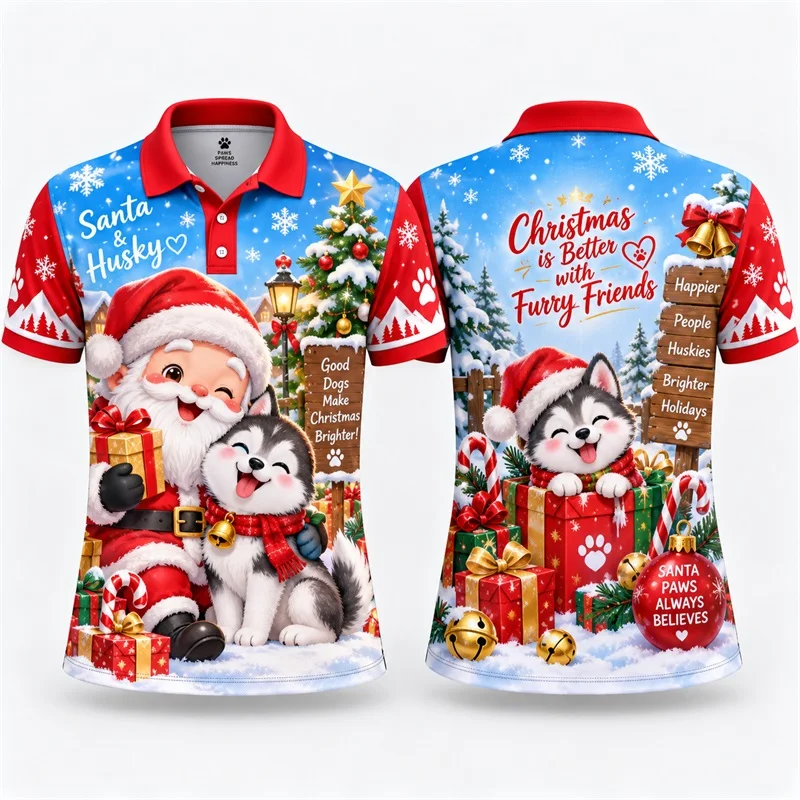Men Santa Hug Husky Dog Christmas Print Polo Shirt Short Sleeve Lapel tee Tops Snowflake Holly Xmas polo shirt Wear For Men