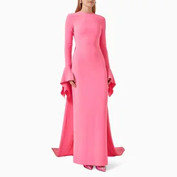 Pink Wedding Guest Dresses for Women 2024 Column Long Sleeves Elegant Evening Dress O Neck Elegant Formal Party Gowns Maxi