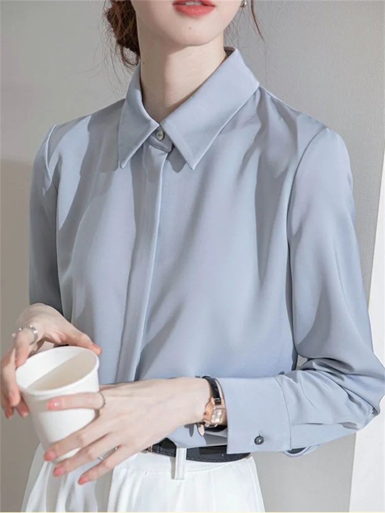 Satin Blouses Gray Blue Shirt For Women Professional Formal Blous Laple Cardigan Top Woman Shirts Button Up OL Feminine Blouse