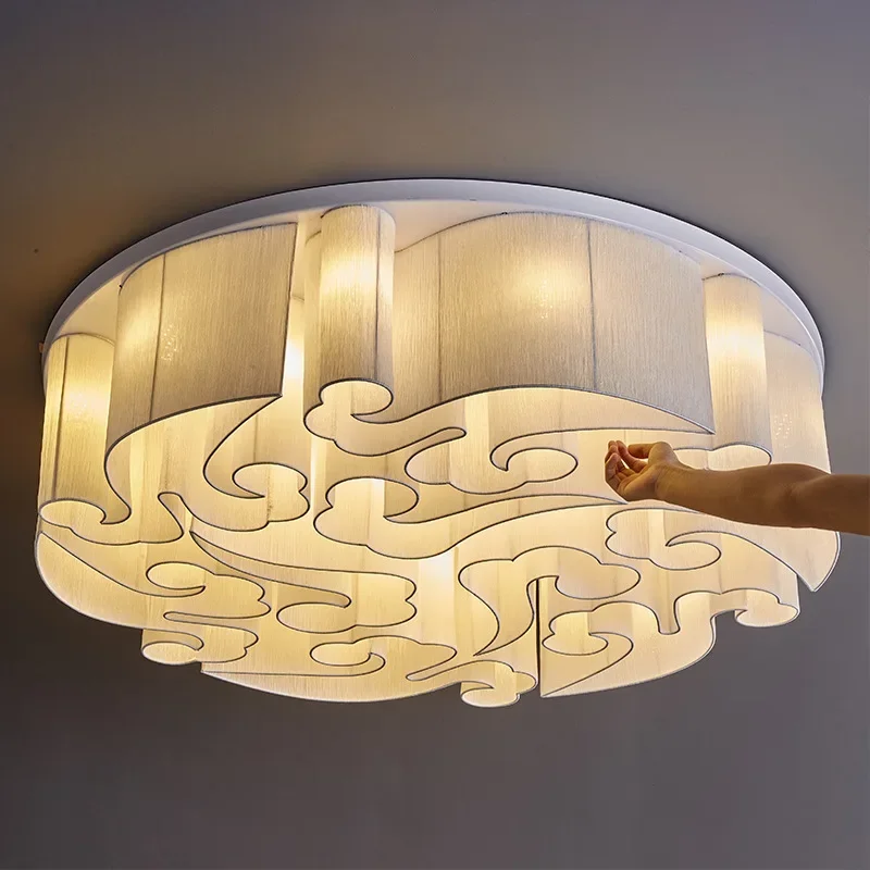 New Chinese ceiling lamp living room dining room box circular fabric hotel lobby project master