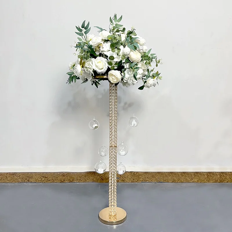 Metal Flower Stand Centerpiece With Hanging Balls Round Gold Wedding Table Centerpiece For Wedding Decoration