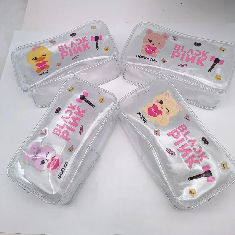 Sacs de rangement portables en PVC avec fermeture éclair, thème dessin animé mignon, noir et rose, étuis transparents pour papeterie et cosmétiques