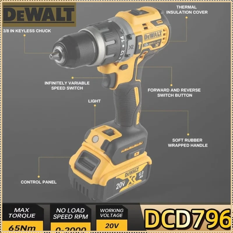 Furadeira de Impacto Sem Fio Dewalt DCD796, Furadeira Compacta Sem Escovas, Ferramentas Portáteis Recarregáveis para Bateria Dewalt