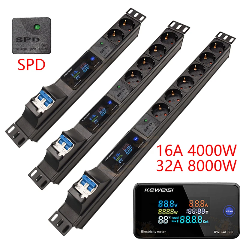 Cabinet Rack Wall Mount PDU Power Strip Digital meter V/A/W 2-8 European German Socket Distribution Unit Surge protection