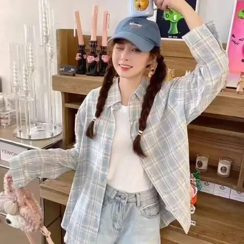 Fashion Lazy Style Korean Design Spring Autumn Lazy Style Chic Plaid Women Shirt Long Sleeve Blouse Turn-down Collar Elegant Top