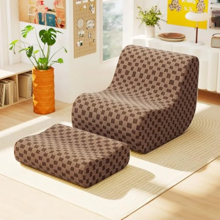 Bean Bag Chair with Ottoman for Living Room Bedroom Study, Teddy Velvet in Beige, High Elasticity Sponge + Machine Washable Cov