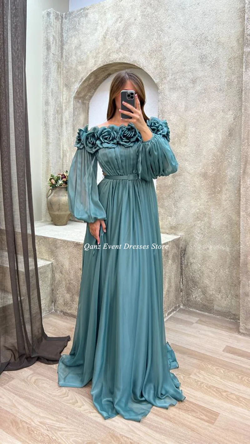 Qanz Sexy Slit Evening Dresses Flowers Puff Sleeves Belt Pleat Vestidos De Noche Gala Party Dresses Robes De Soirée Customized