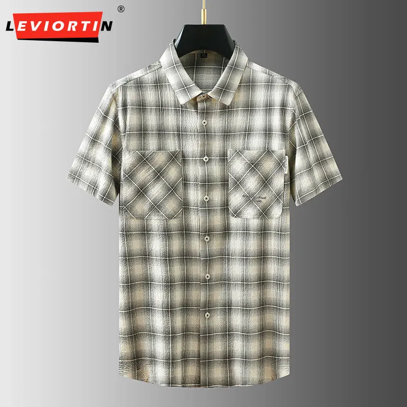 Summer Men's Light Mature Casual Trendy Fashion Versatile Shirt Checkered Half Cuff Pocket Short Sleeve Loose Shirt W3122