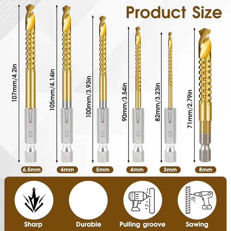 B-Est 6 szt. Wiertła kręte HSS z powłoką tytanową, 3-8 mm chwyt sześciokątny ząbkowane wiertło do cięcia wiertło do piły spiralnej
