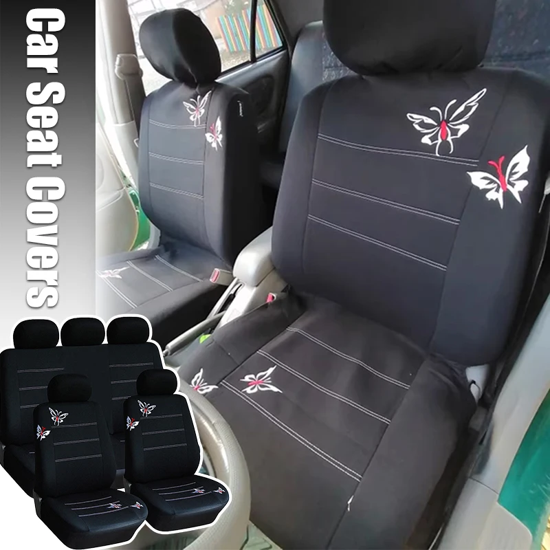 Funda de asiento de coche con bordado de mariposa para mujer, 1/4/9 piezas, elástica, todo incluido, estampado de mariposa, Universal, Fundas de cojín para coche