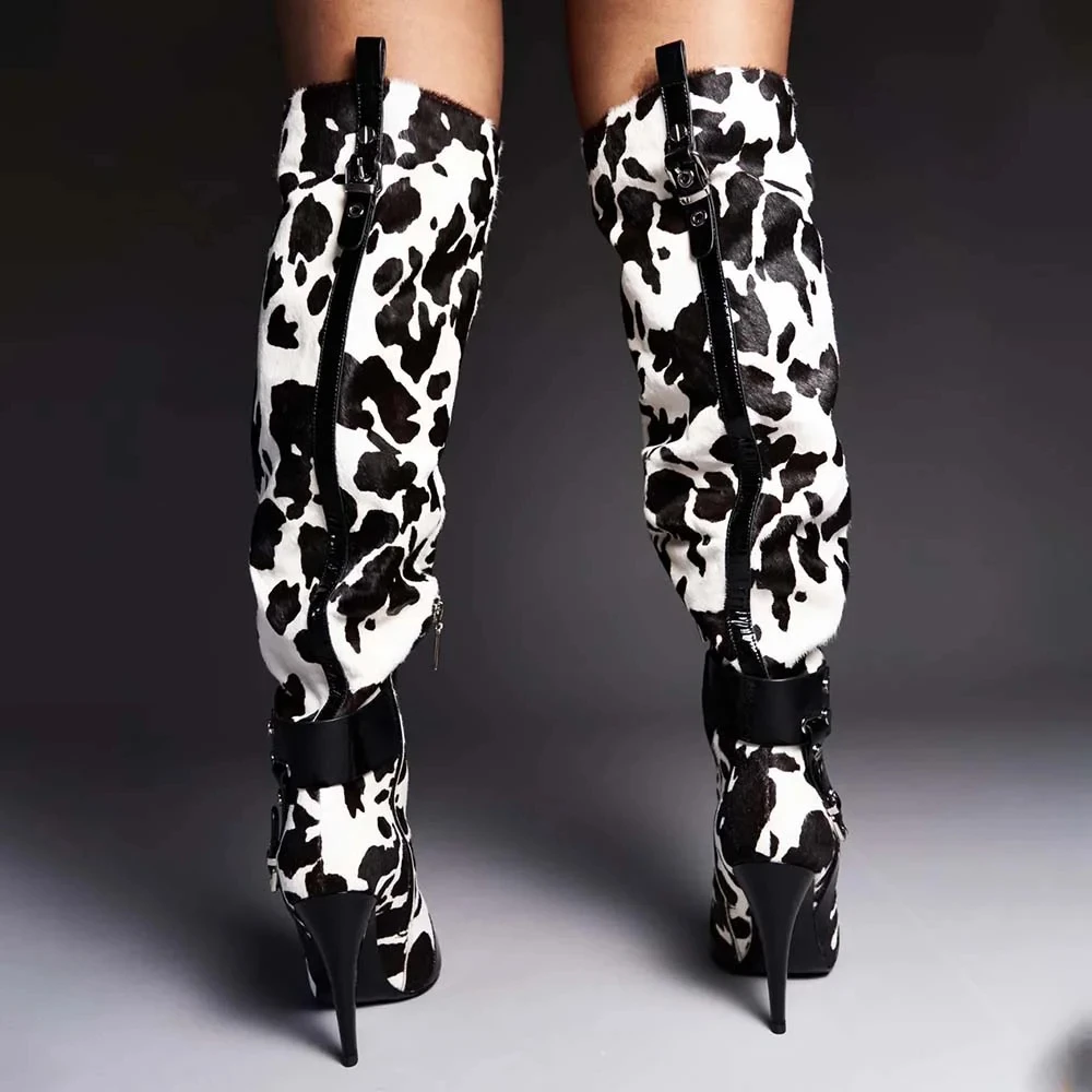 Milk Knee Boots Pointed Toe Stiletto Heels Comfortable Women's Boots Mixed Color Patchwork Cowgirl Sexy Casual Autumn Shoes